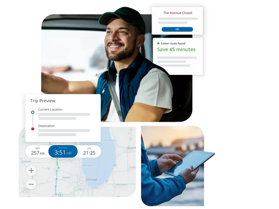 A collage showing a smiling truck driver, a GPS map of Chicago, and UI notifications for "Faster route found" and "Save 45 minutes."