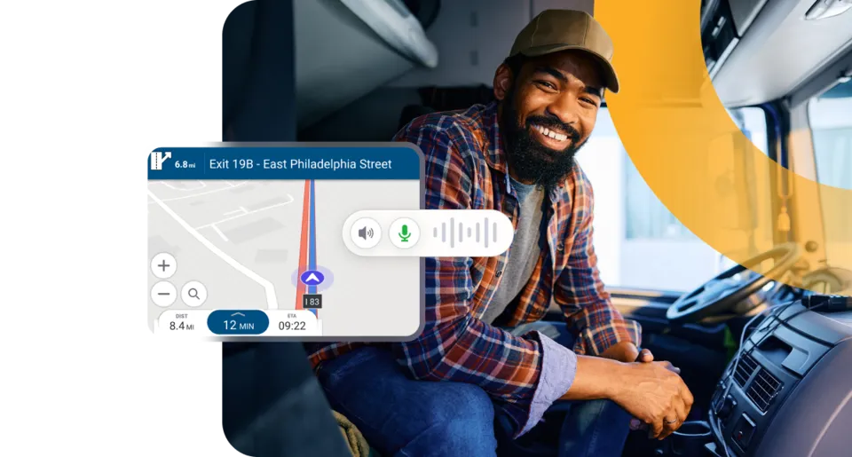 A smiling truck driver sitting inside a truck cab with an overlaid graphic of the Trimble CoPilot navigation map and a voice-activated control audio wave.