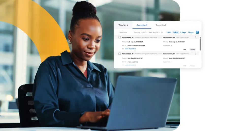 A woman working on a laptop with a digital overlay showing a modern transportation management software interface and settings dashboard.