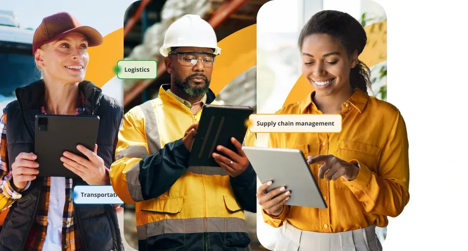 Transportation management, logistics and supply chain professionals using digital tools to manage freight operations
