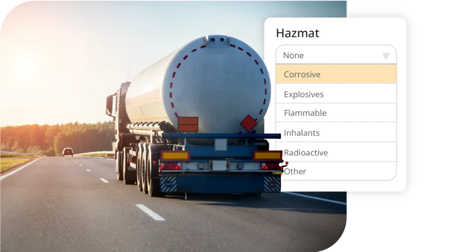 Tanker truck on highway beside PC*Miler Hazmat commodity selection panel interface
