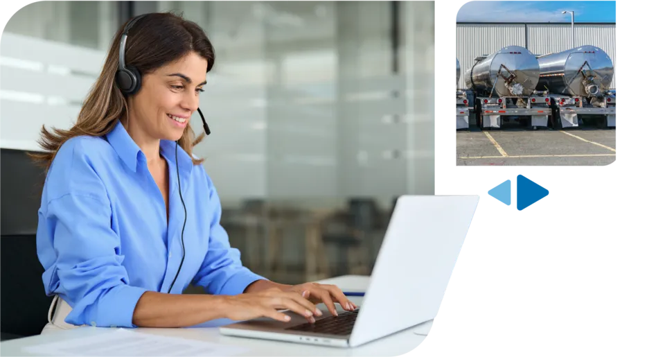 Customer service representative wearing a headset while using a laptop