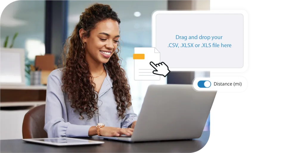 A smiling professional woman works on a laptop, with an overlaid graphic showing a drag-and-drop file upload interface for CSV and Excel files.