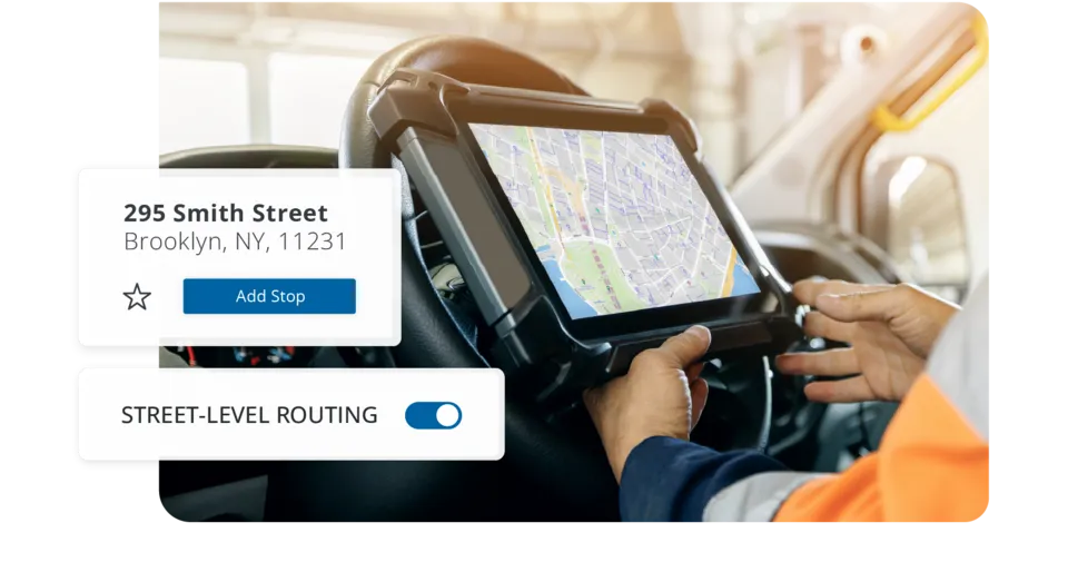 Truck driver using PC*Miler street-level routing to add a stop at 295 Smith Street in Brooklyn