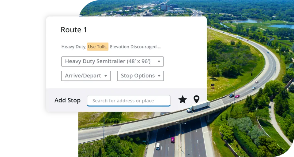 Trimble Transportation heavy duty semitrailer route with tolls enabled, overlaid on an aerial highway view