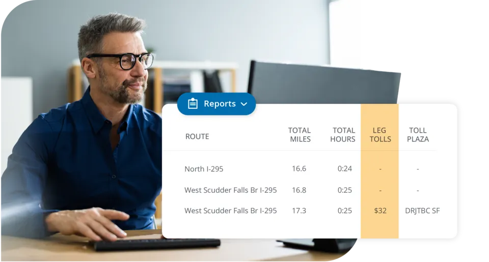 Man reviewing a Trimble Transportation reports dashboard listing route miles, hours, and leg tolls by toll plaza