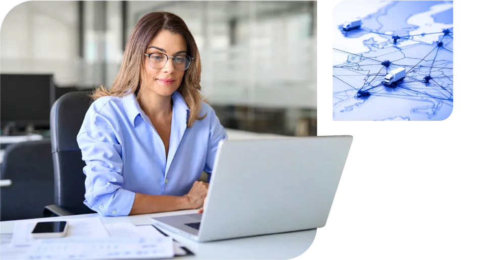 Logistics manager using global route planning software for cross-border freight operations