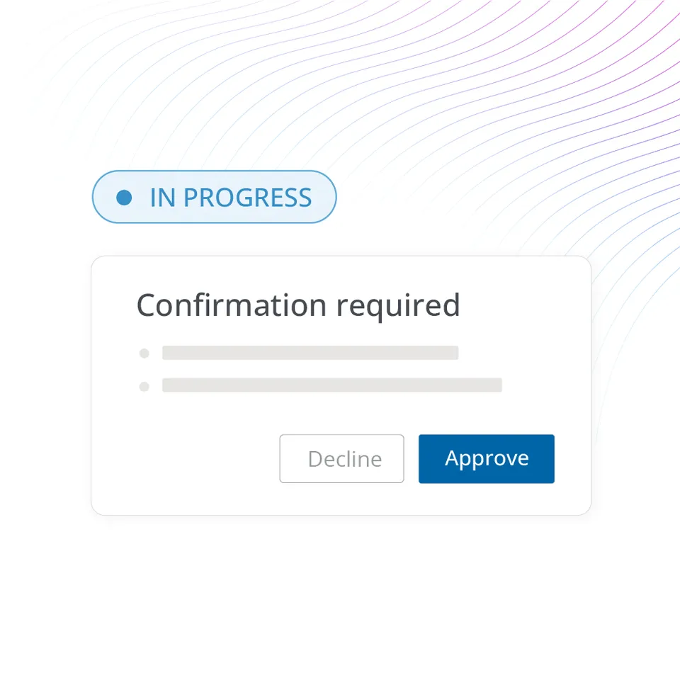Trimble Arc Agent confirmation card in progress with Decline and Approve buttons