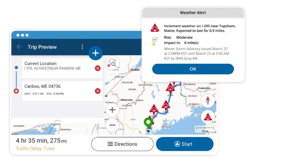 Fleet management interface showing a trip preview map from Maine to Caribou with a "Weather Alert" popup for moderate risk of a winter storm.