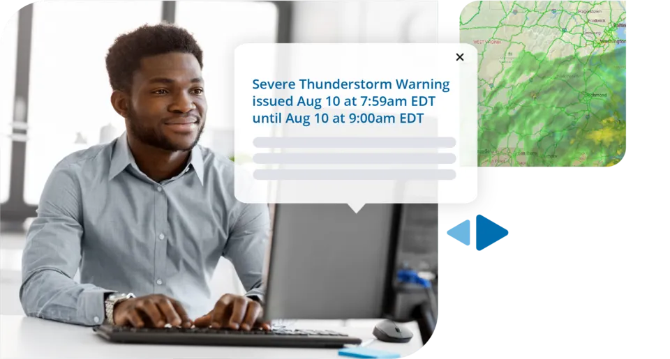 A smiling professional man at a computer desk, overlaid with a weather routing interface showing a Severe Thunderstorm Warning and a green radar map.