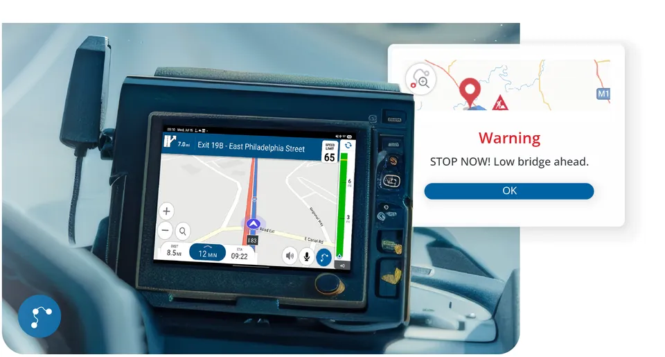 CoPilot truck navigation screen showing low bridge warning for safer commercial vehicle routing