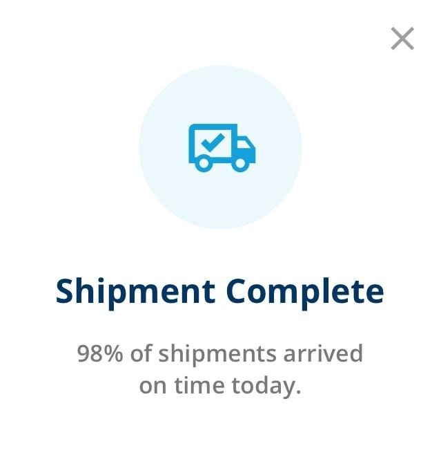 app screenshot of shipment complete notification