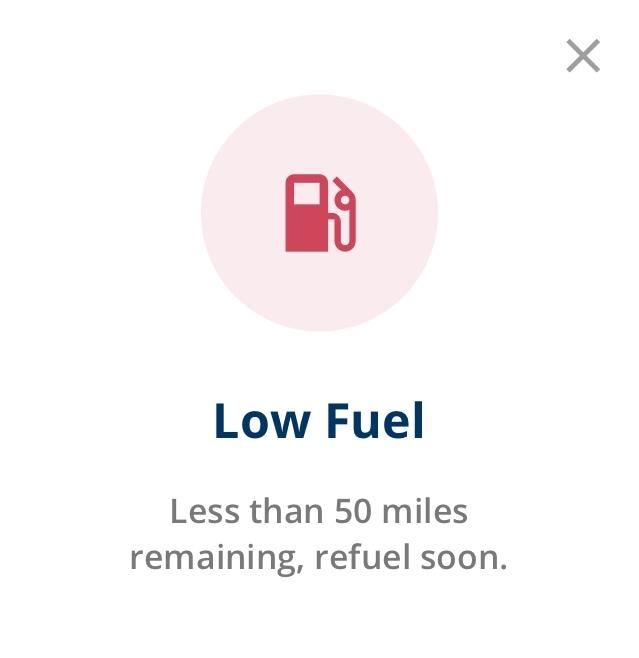 app screenshot of low fuel warning notification