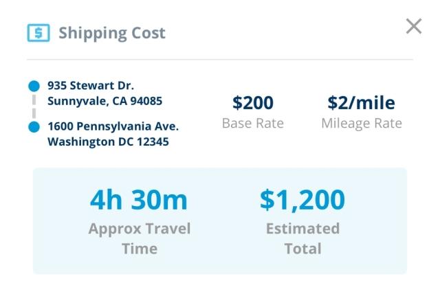 app screenshot of shipping cost calculations