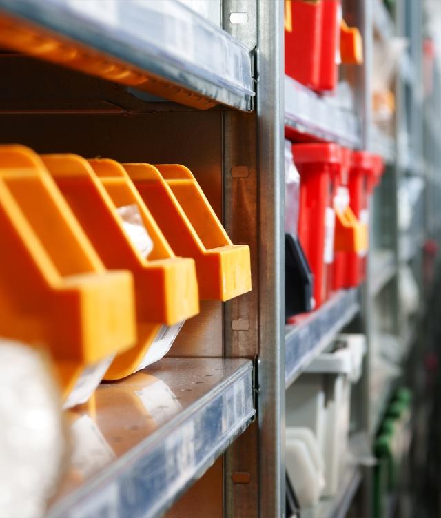 Bins of parts in a mechanic's garage