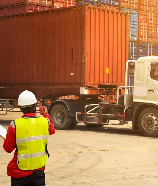 shipper observing truck and cargo in port