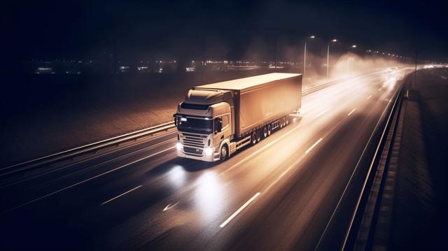 Truck driving on a rainy night