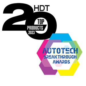 Logos of two awards: HDT Top 20 Products and Autotech Breakthrough Awards