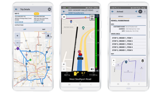 Trimble Smart Workflow user interface showing trip details, navigation, and stop details